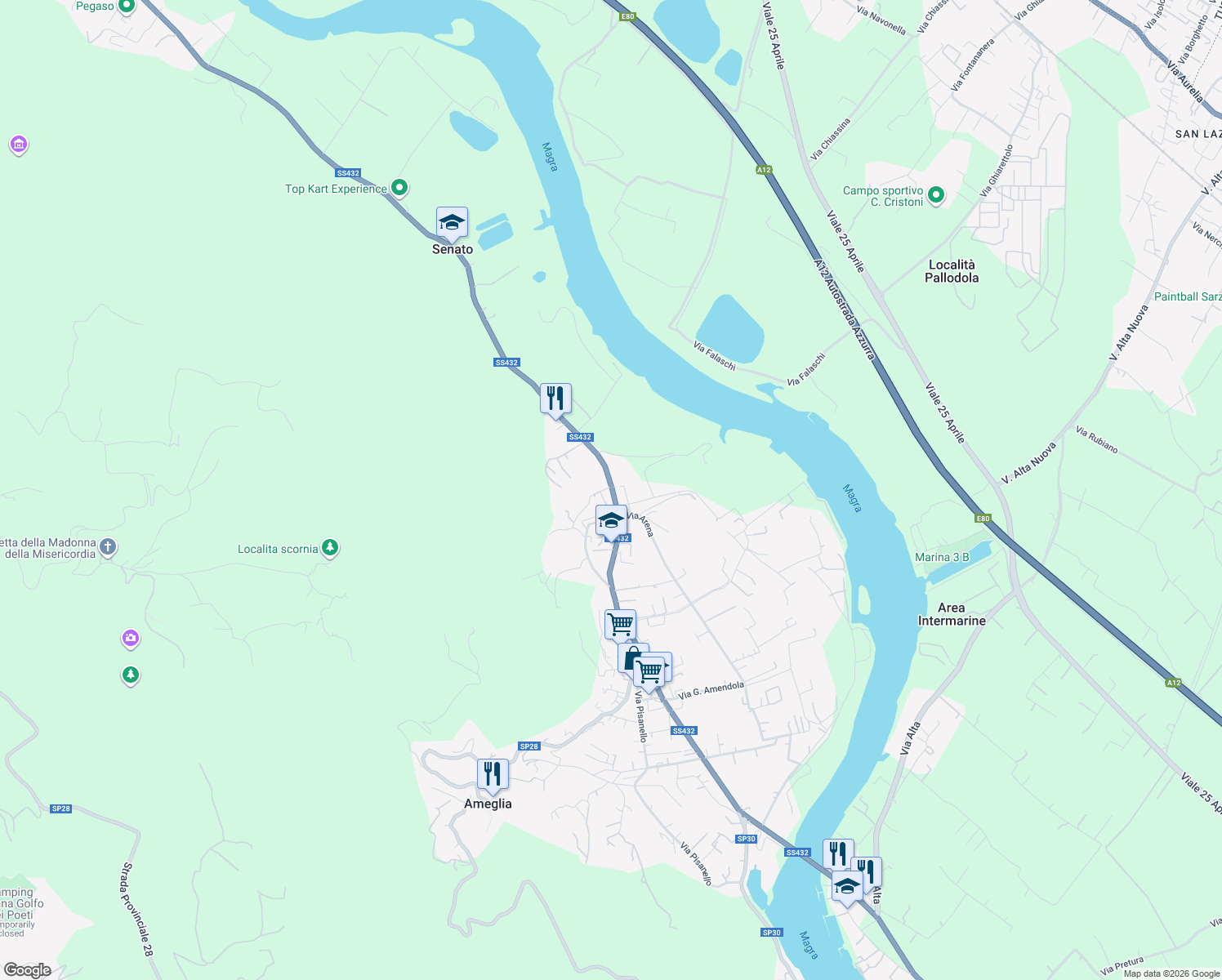 map of restaurants, bars, coffee shops, grocery stores, and more near 30 Via Visola in Ameglia