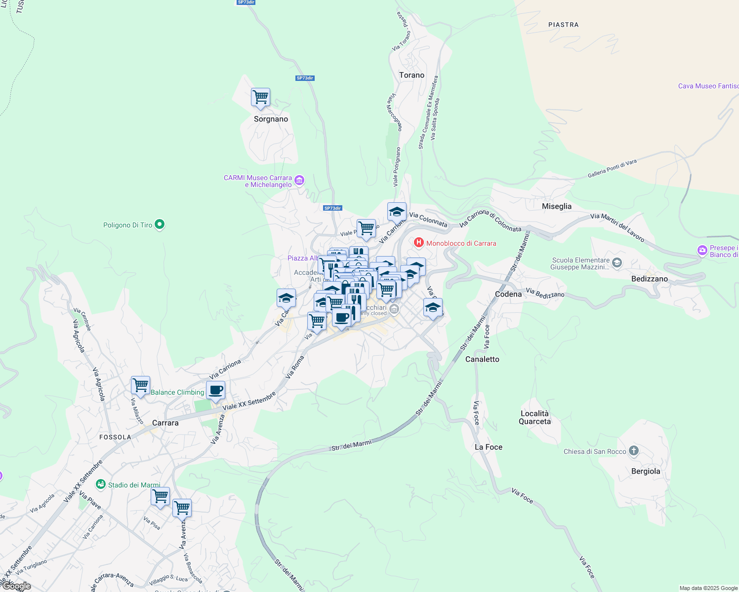 map of restaurants, bars, coffee shops, grocery stores, and more near 5 Via Roma in Carrara