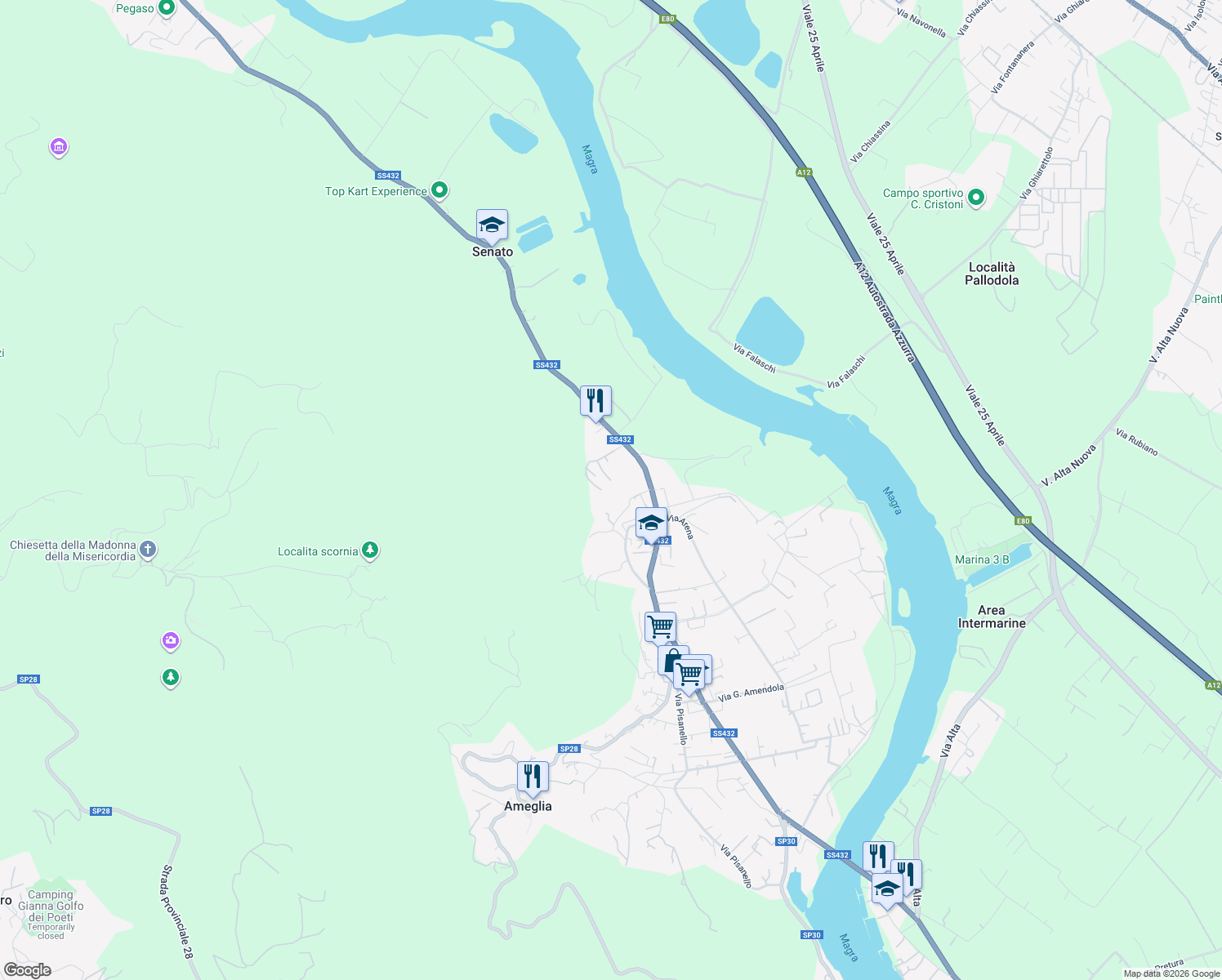 map of restaurants, bars, coffee shops, grocery stores, and more near 28 Via Visola in Ameglia