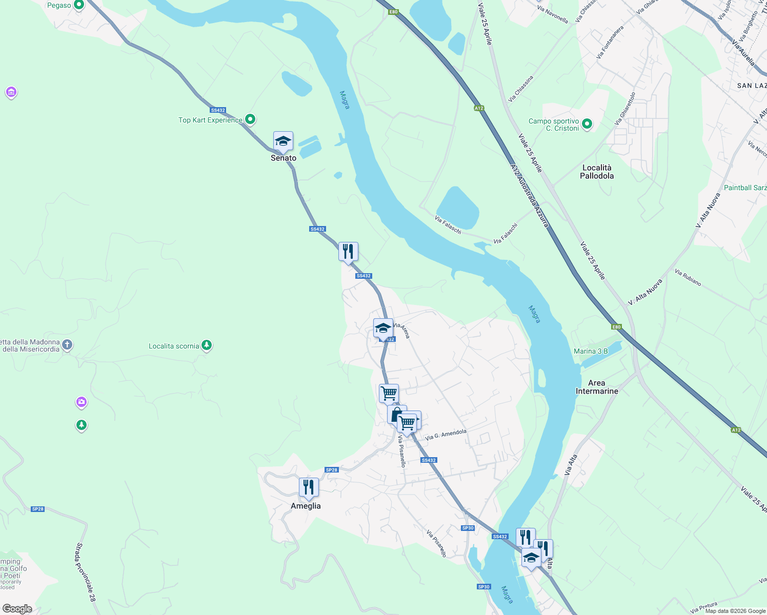 map of restaurants, bars, coffee shops, grocery stores, and more near 30 Via Visola in Ameglia