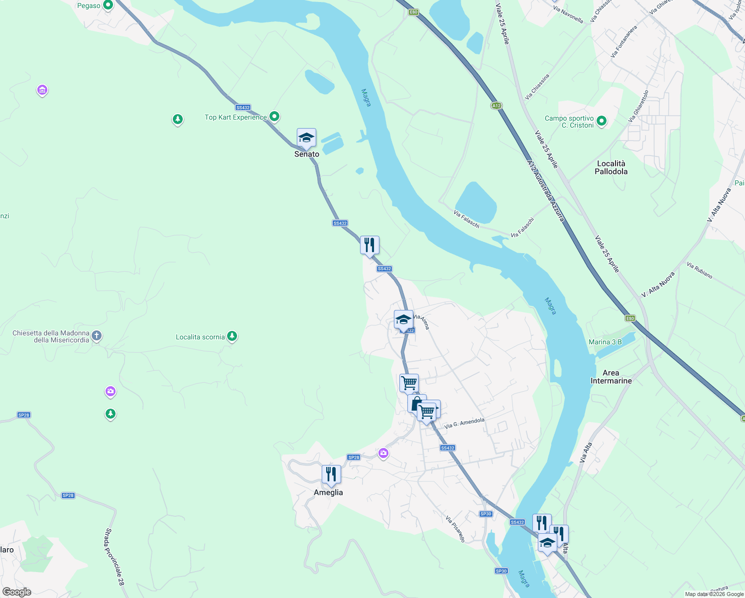 map of restaurants, bars, coffee shops, grocery stores, and more near 41 Via Visola in Ameglia