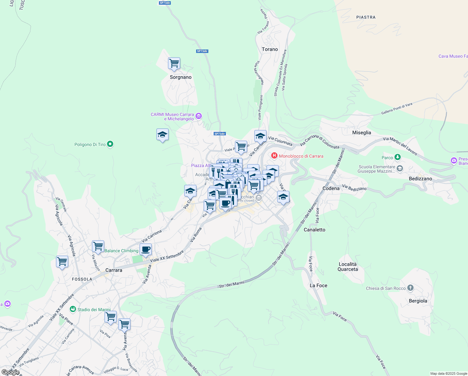 map of restaurants, bars, coffee shops, grocery stores, and more near 5 Via Roma in Carrara