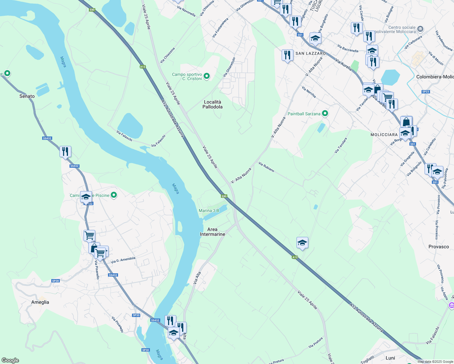 map of restaurants, bars, coffee shops, grocery stores, and more near Viale 25 Aprile in Provincia della Spezia