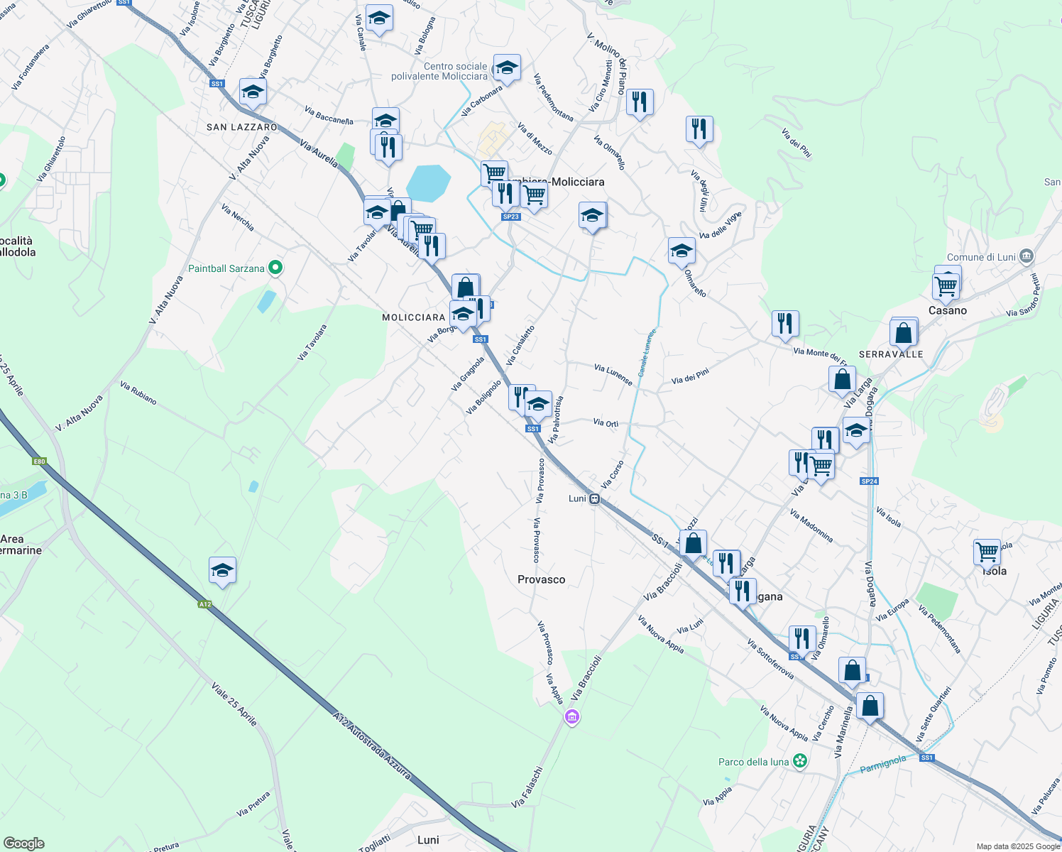 map of restaurants, bars, coffee shops, grocery stores, and more near 210 Via Aurelia in Colombiera-molicciara