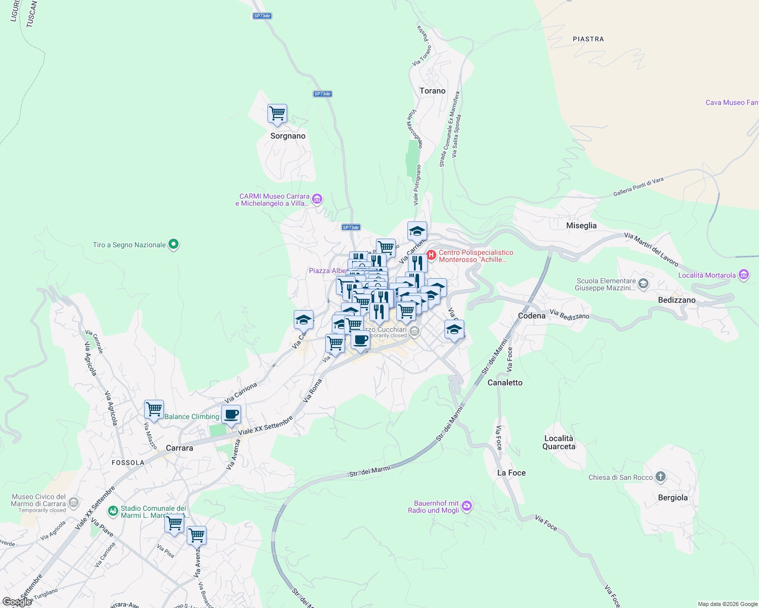 map of restaurants, bars, coffee shops, grocery stores, and more near 24A Via dell'Arancio in Carrara