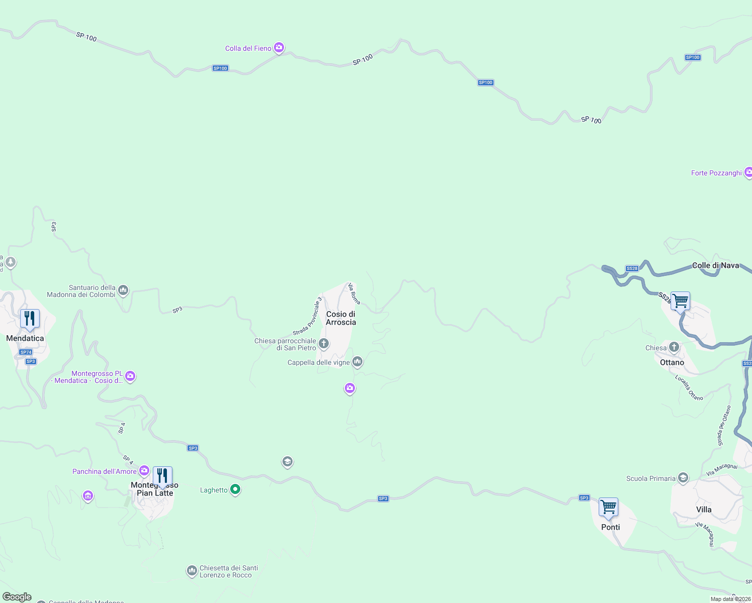 map of restaurants, bars, coffee shops, grocery stores, and more near 20 Via al Monte in Provincia di Imperia