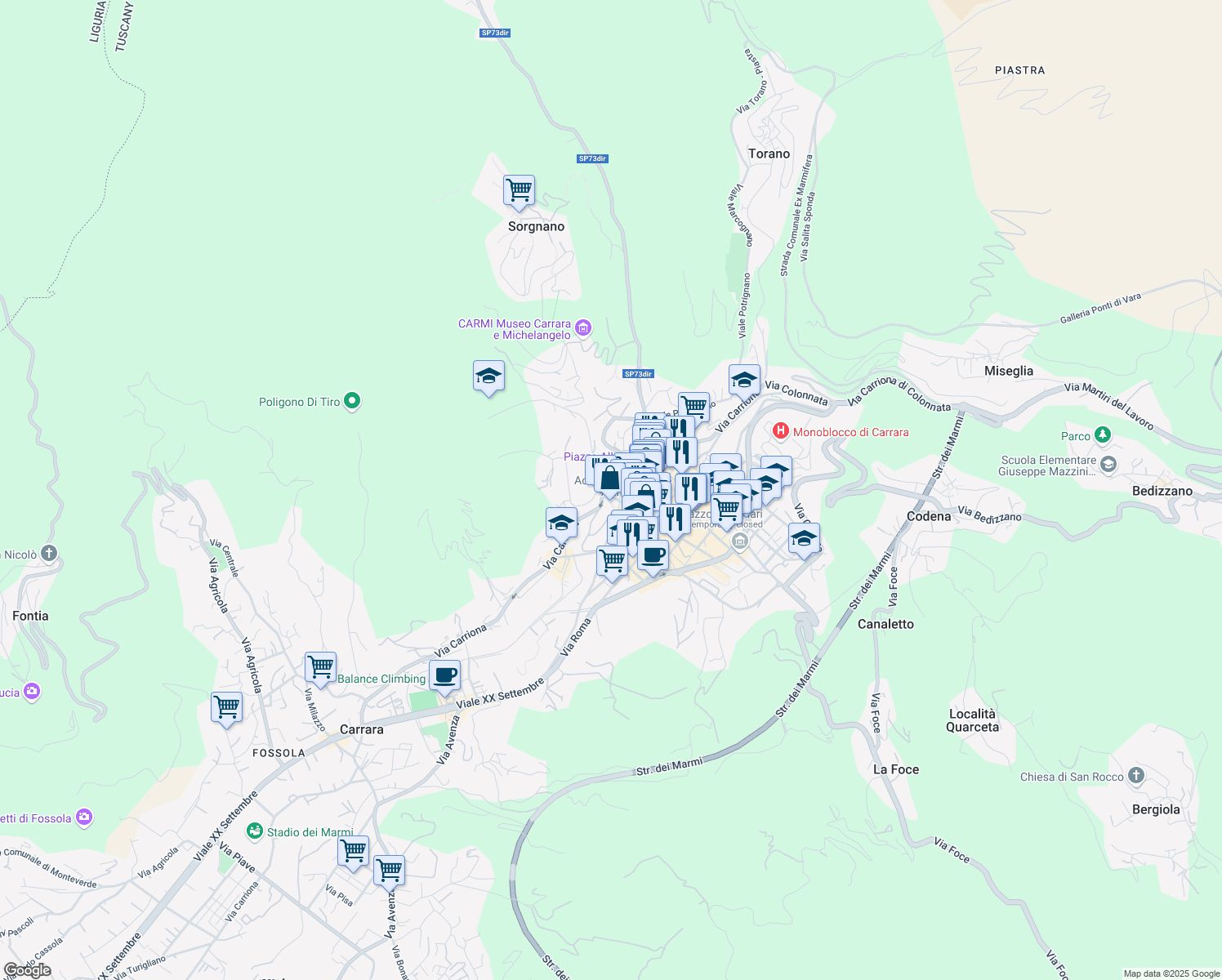 map of restaurants, bars, coffee shops, grocery stores, and more near 63 Via Carriona in Carrara