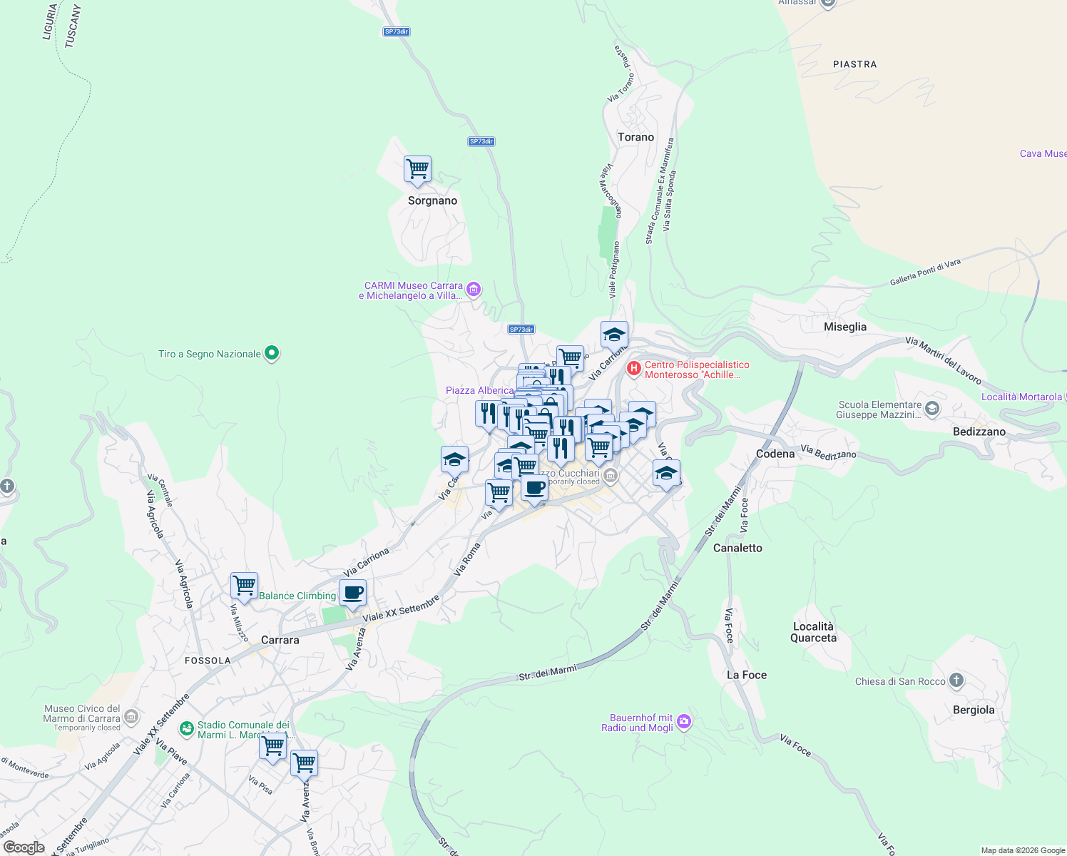 map of restaurants, bars, coffee shops, grocery stores, and more near in Carrara