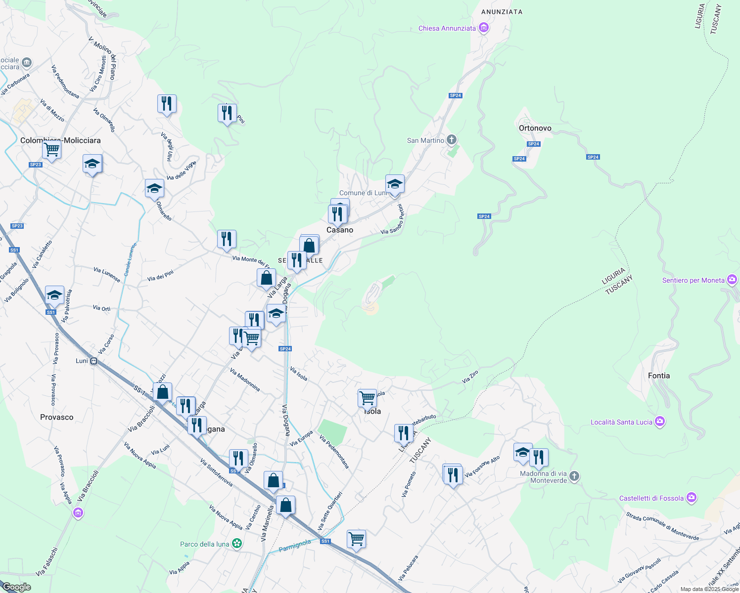 map of restaurants, bars, coffee shops, grocery stores, and more near 6 Piazza della Chiesa in Nicola