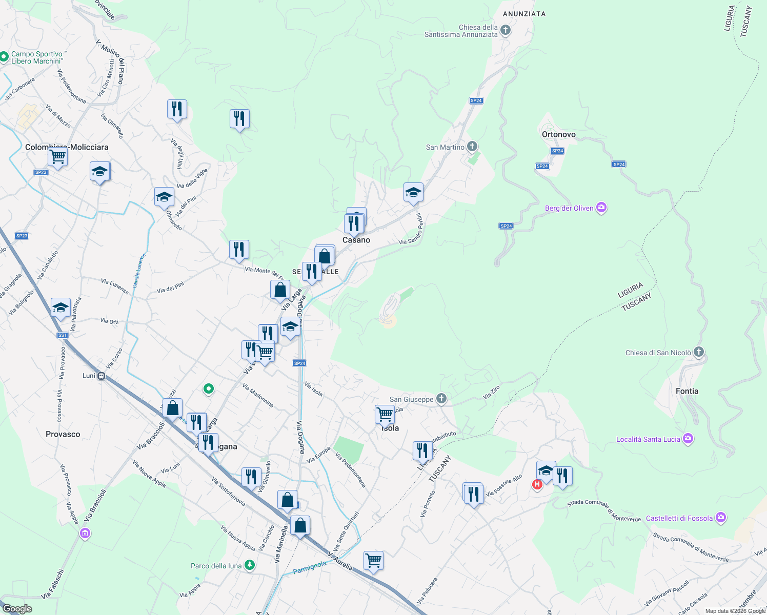 map of restaurants, bars, coffee shops, grocery stores, and more near 13 Via Borgo di Fondo in Nicola