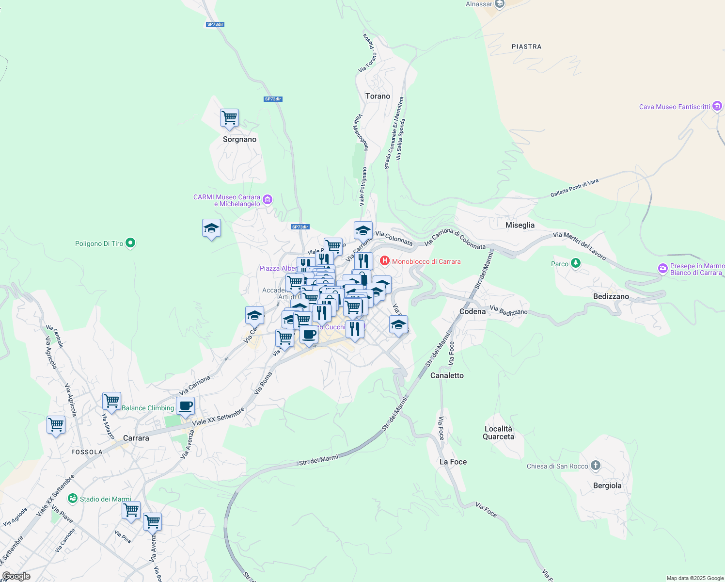 map of restaurants, bars, coffee shops, grocery stores, and more near 23 Via del Cavatore in Carrara
