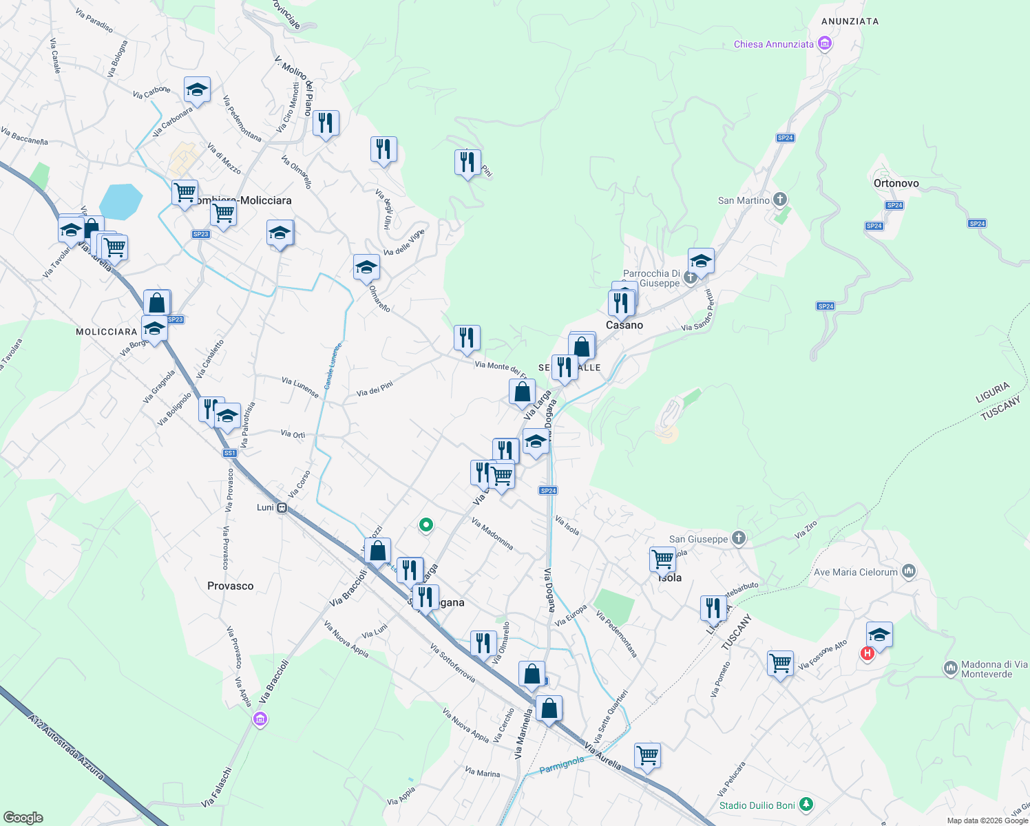 map of restaurants, bars, coffee shops, grocery stores, and more near 13 Via delle Rose in Casano