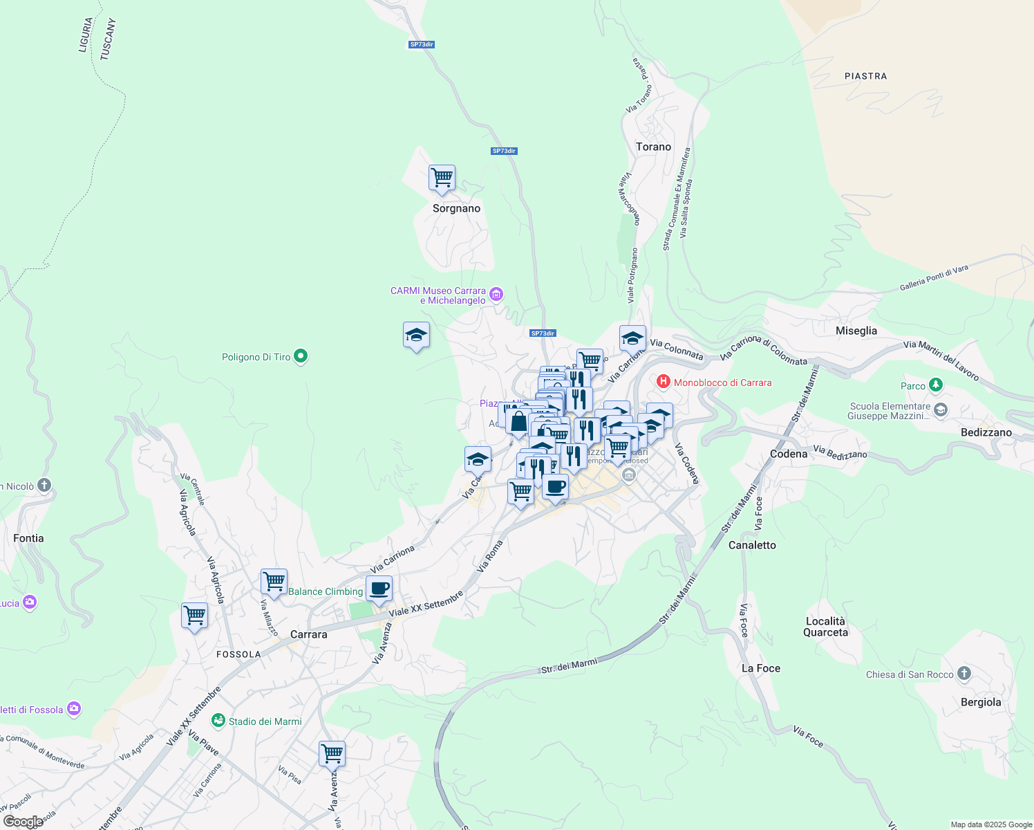 map of restaurants, bars, coffee shops, grocery stores, and more near 63 Via Carriona in Carrara