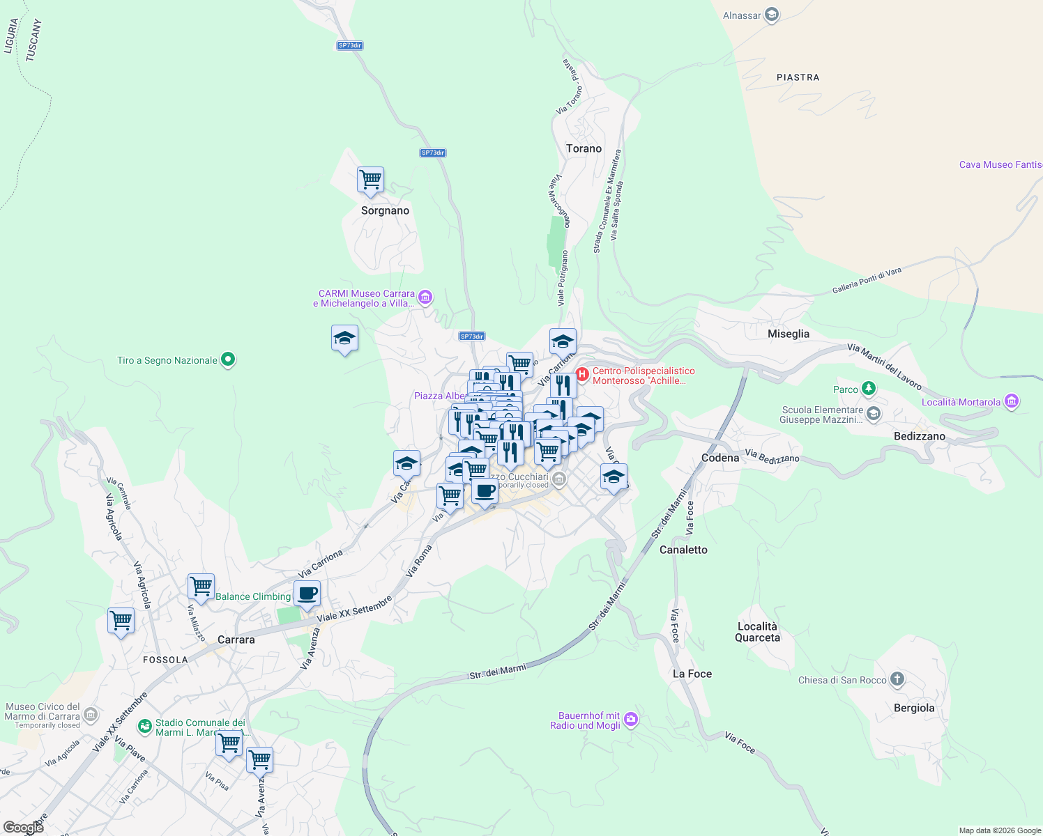 map of restaurants, bars, coffee shops, grocery stores, and more near 24A Via dell'Arancio in Carrara
