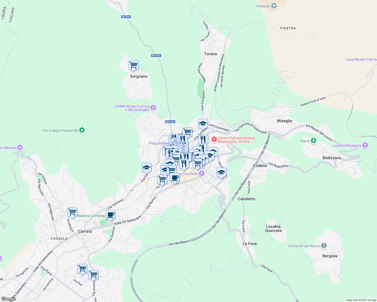 map of restaurants, bars, coffee shops, grocery stores, and more near 24A Via dell'Arancio in Carrara
