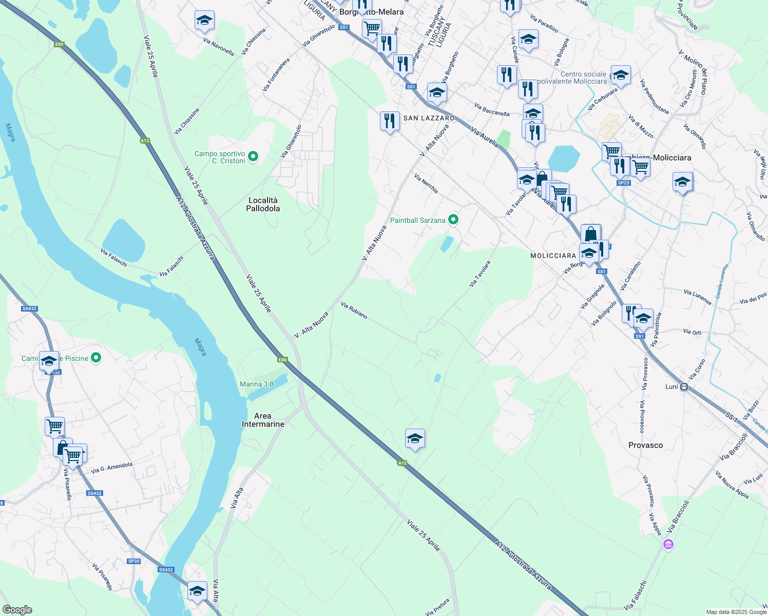 map of restaurants, bars, coffee shops, grocery stores, and more near in Province of La Spezia