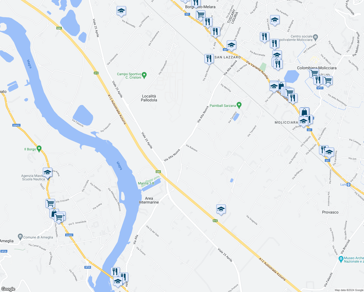 map of restaurants, bars, coffee shops, grocery stores, and more near 2 Via Alta Nuova in Provincia della Spezia