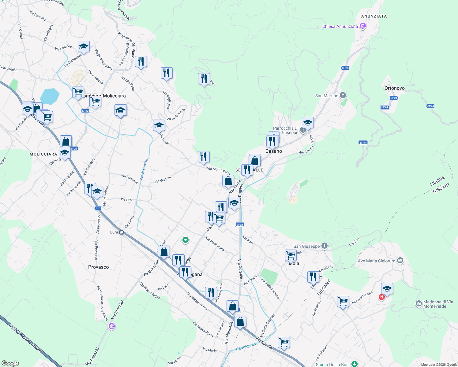map of restaurants, bars, coffee shops, grocery stores, and more near 13 Via delle Rose in Casano