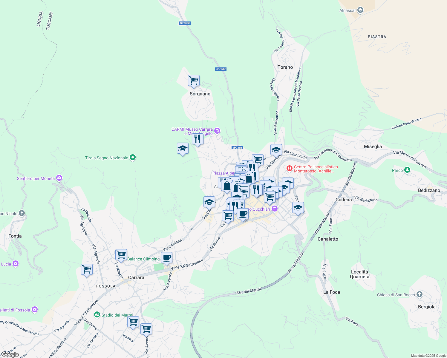 map of restaurants, bars, coffee shops, grocery stores, and more near 5 Via Apuana in Carrara