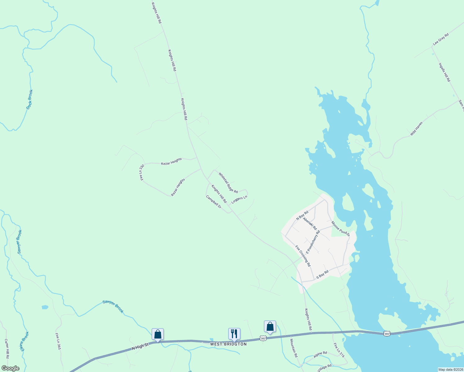 map of restaurants, bars, coffee shops, grocery stores, and more near 14 Top Hill Road in Bridgton