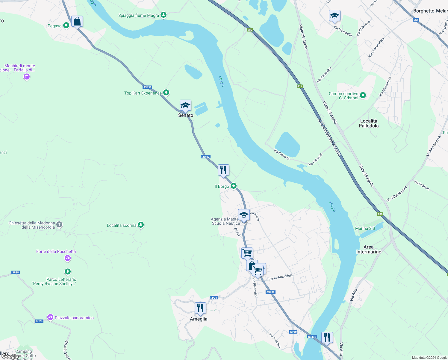 map of restaurants, bars, coffee shops, grocery stores, and more near 1 SS432 in Lerici