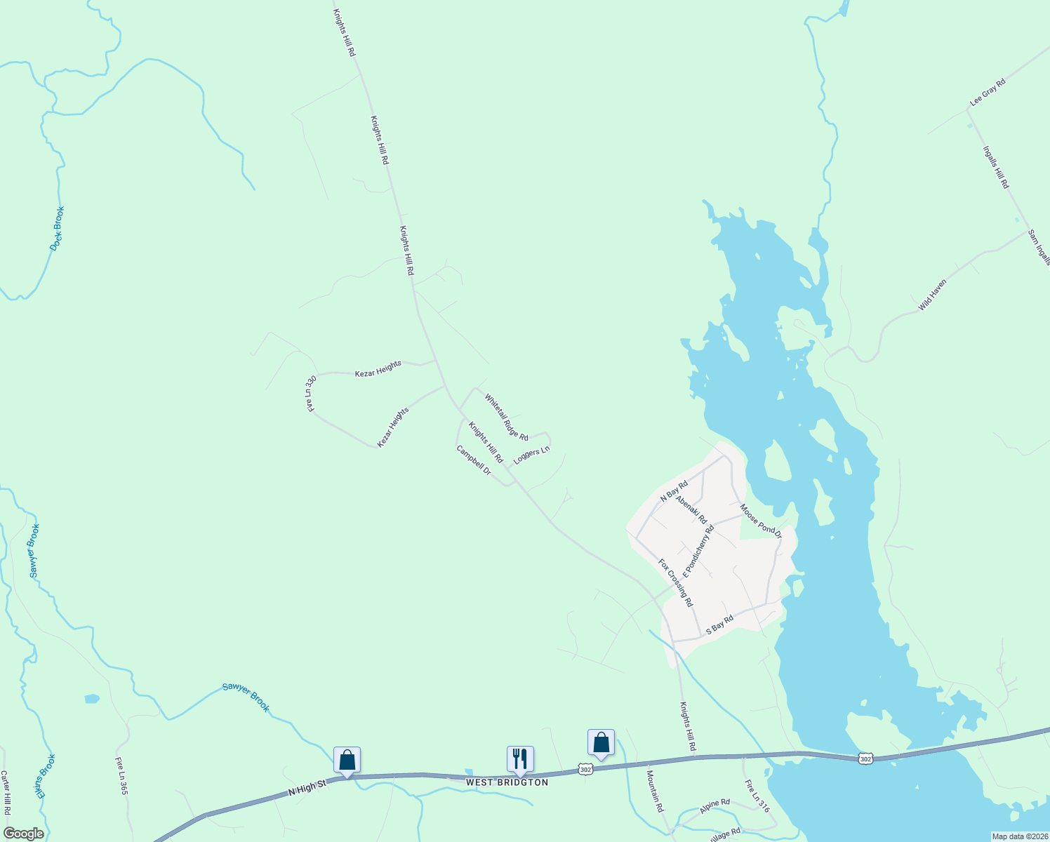 map of restaurants, bars, coffee shops, grocery stores, and more near 14 Top Hill Road in Bridgton