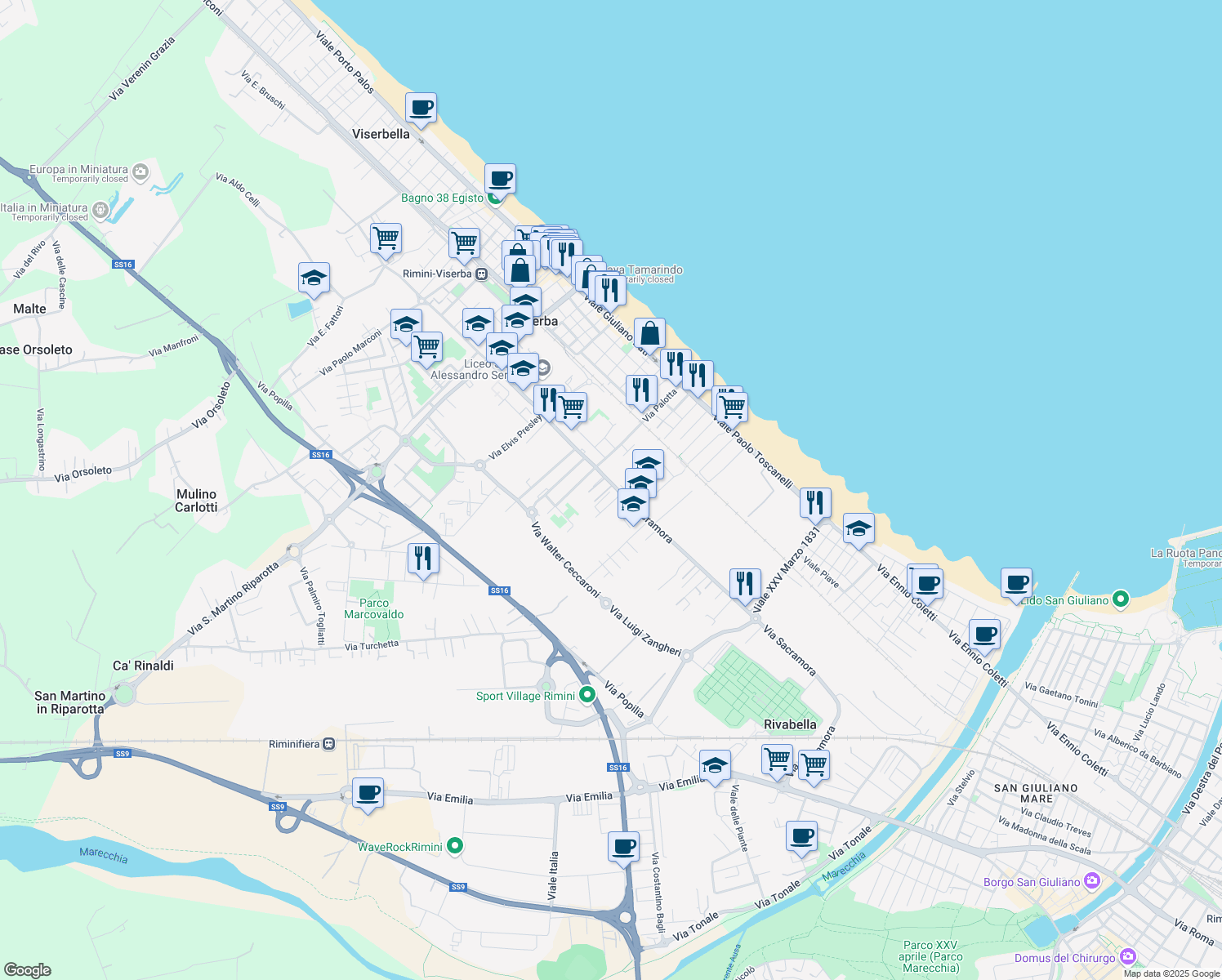 map of restaurants, bars, coffee shops, grocery stores, and more near 75 Via Sacramora in Viserba