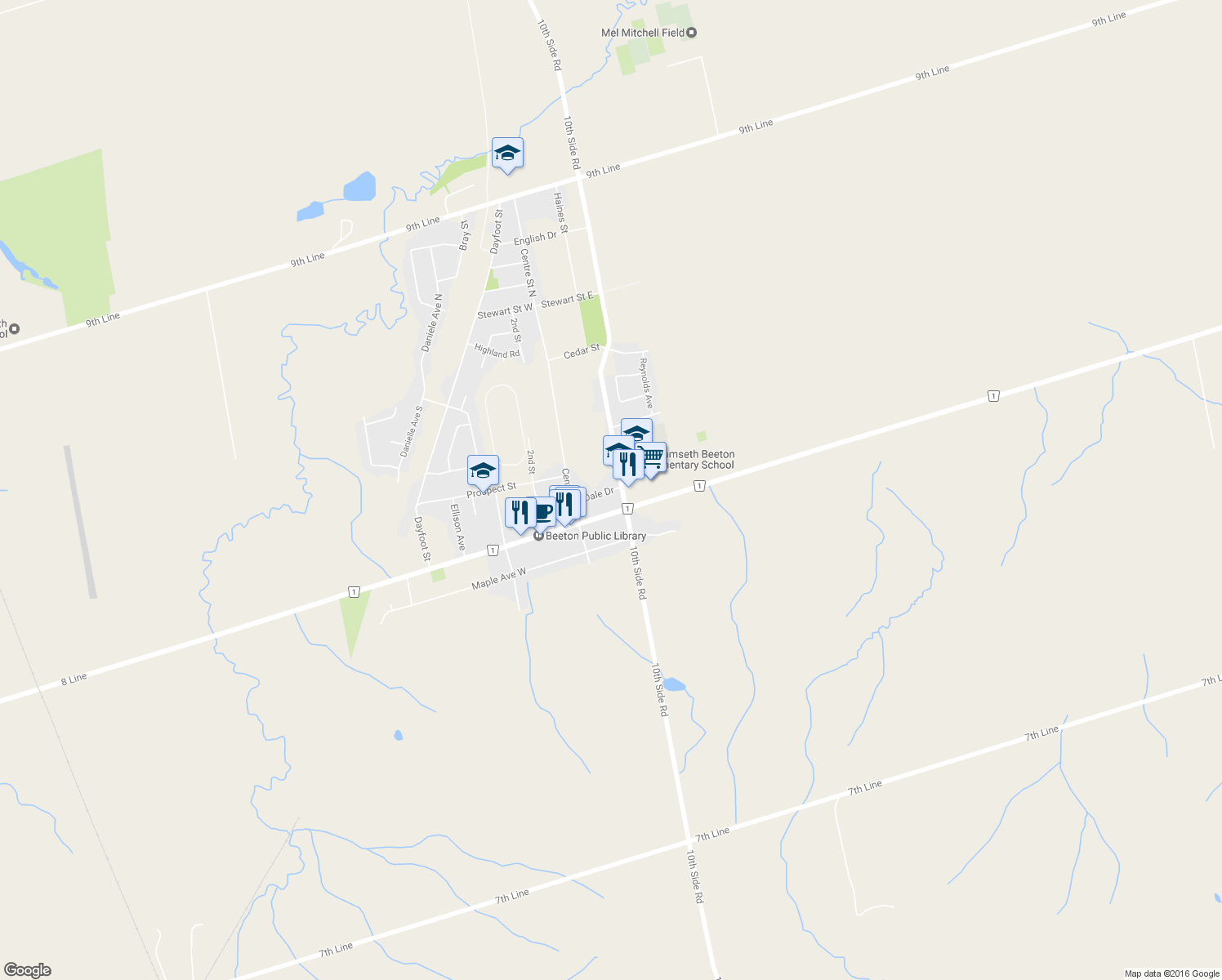 map of restaurants, bars, coffee shops, grocery stores, and more near 38 Dale Drive in New Tecumseth
