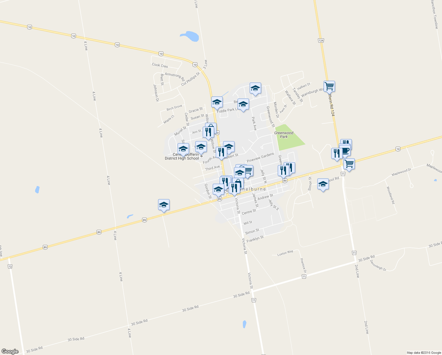 map of restaurants, bars, coffee shops, grocery stores, and more near Second Avenue West in Shelburne