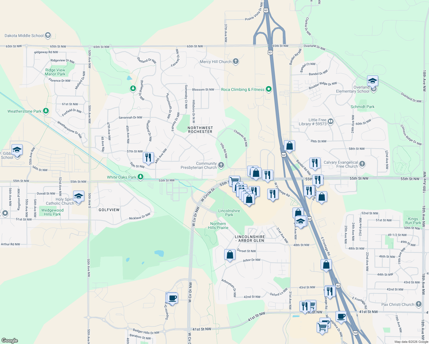 map of restaurants, bars, coffee shops, grocery stores, and more near 3859 Chesapeake Lane Northwest in Rochester