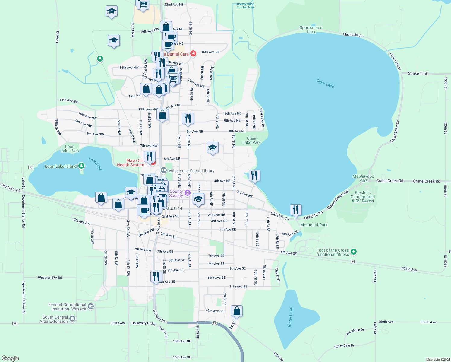 map of restaurants, bars, coffee shops, grocery stores, and more near 717 4th Avenue Northeast in Waseca