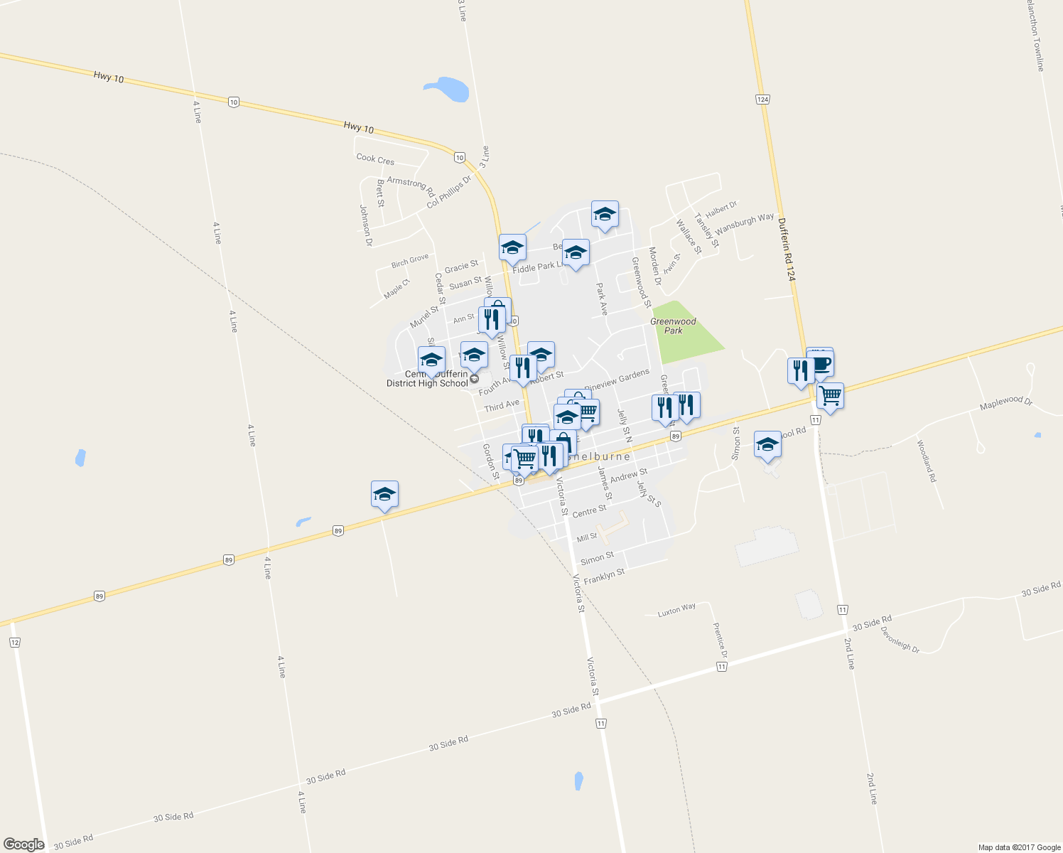 map of restaurants, bars, coffee shops, grocery stores, and more near 120 Second Avenue East in Shelburne