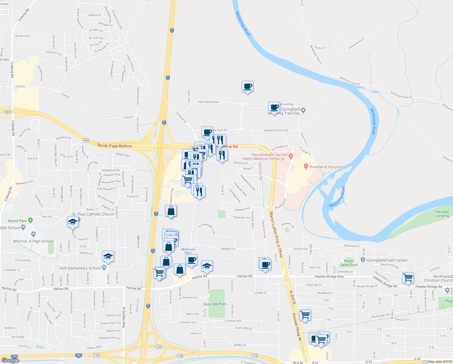 map of restaurants, bars, coffee shops, grocery stores, and more near 3291 Partridge Way in Springfield