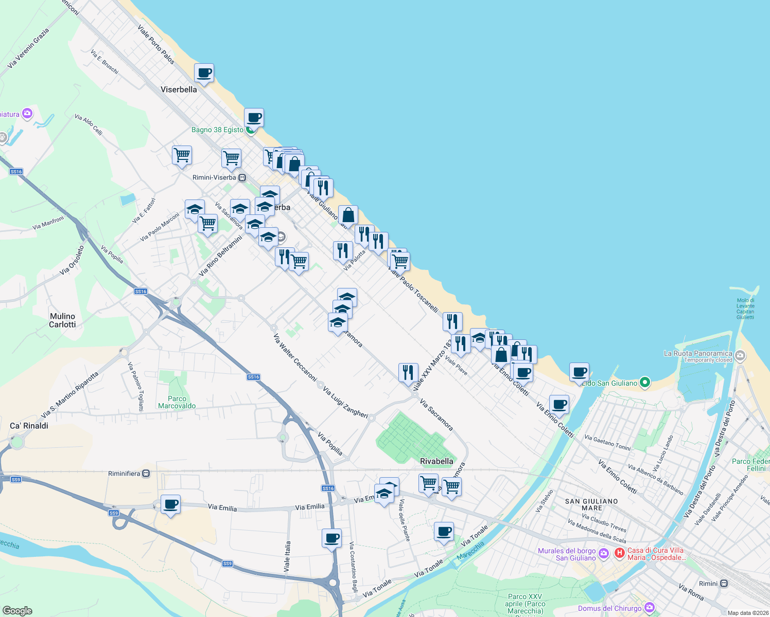 map of restaurants, bars, coffee shops, grocery stores, and more near 2 Viale Monte Grappa in Rimini