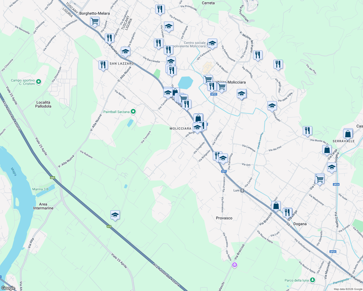 map of restaurants, bars, coffee shops, grocery stores, and more near 48 Via Borgolo in Colombiera-Molicciara