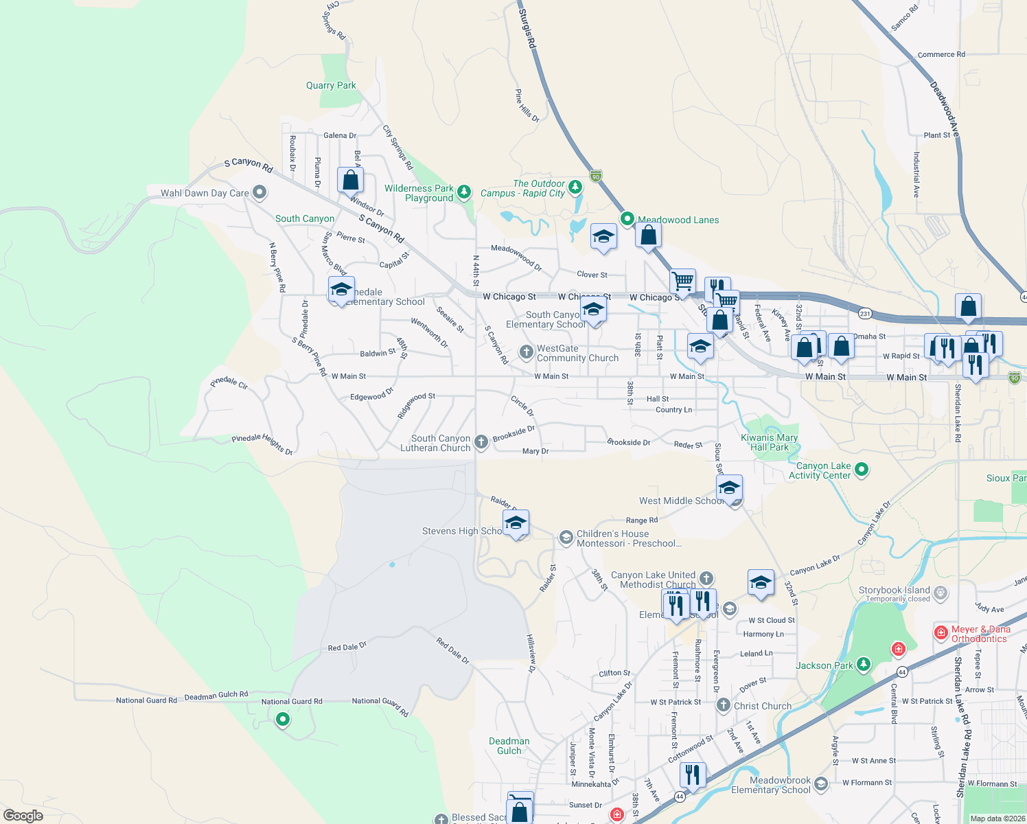 map of restaurants, bars, coffee shops, grocery stores, and more near 628 43rd Ct in Rapid City