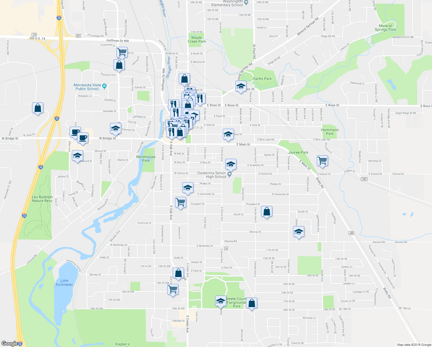 map of restaurants, bars, coffee shops, grocery stores, and more near 233 East School Street in Owatonna
