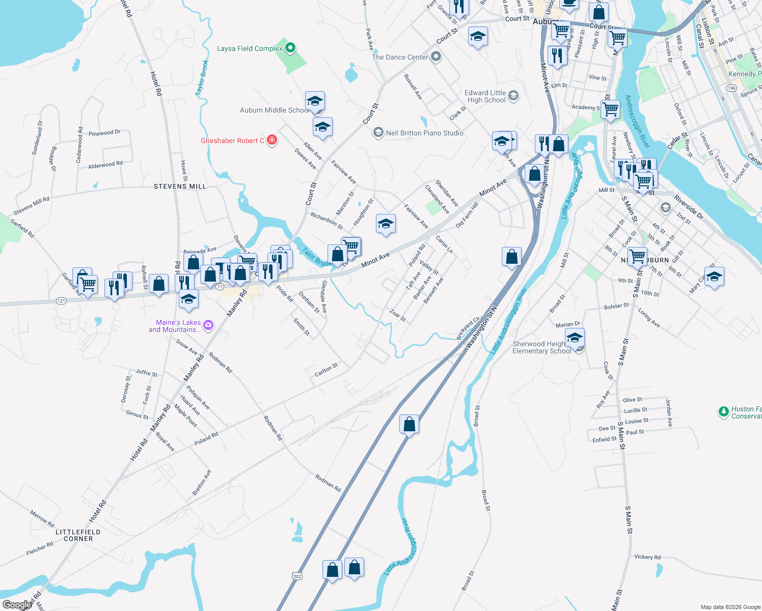 map of restaurants, bars, coffee shops, grocery stores, and more near 153 Poland Road in Auburn