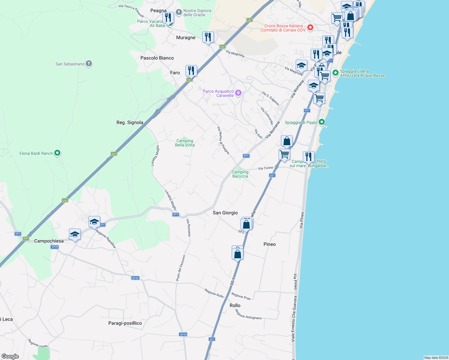 map of restaurants, bars, coffee shops, grocery stores, and more near Strada Provinciale 3 in Ceriale