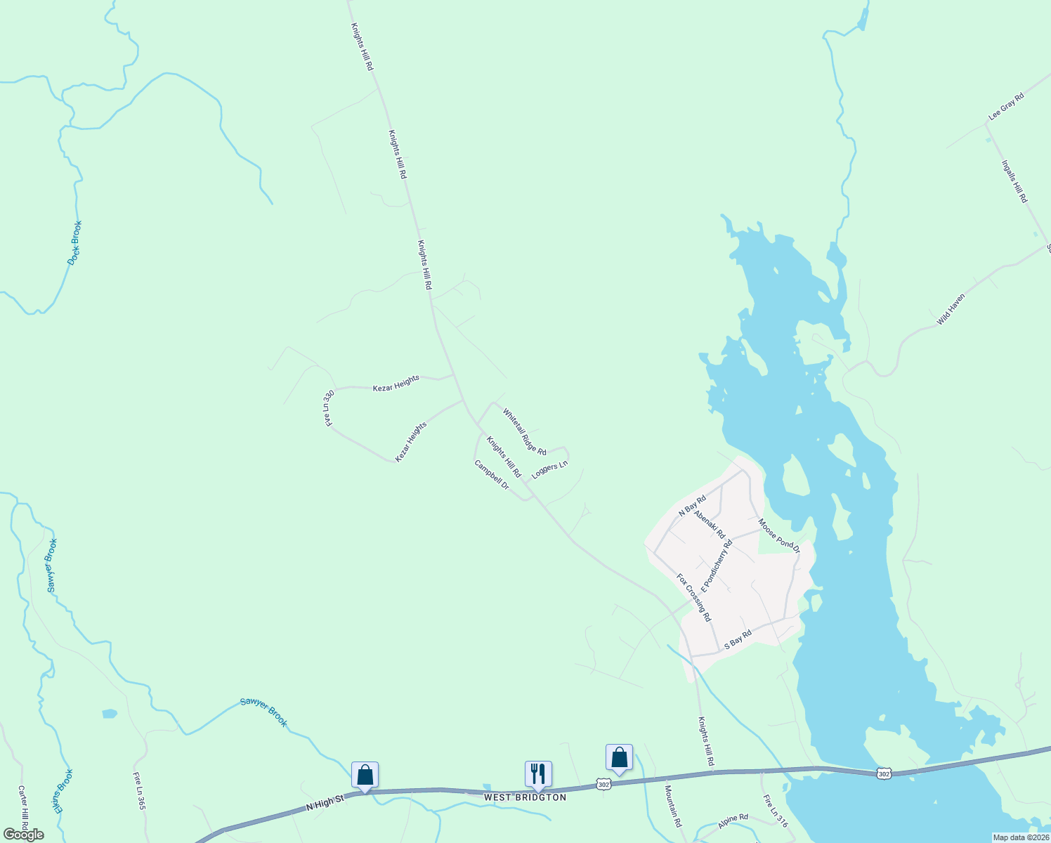 map of restaurants, bars, coffee shops, grocery stores, and more near 14 Top Hill Road in Bridgton