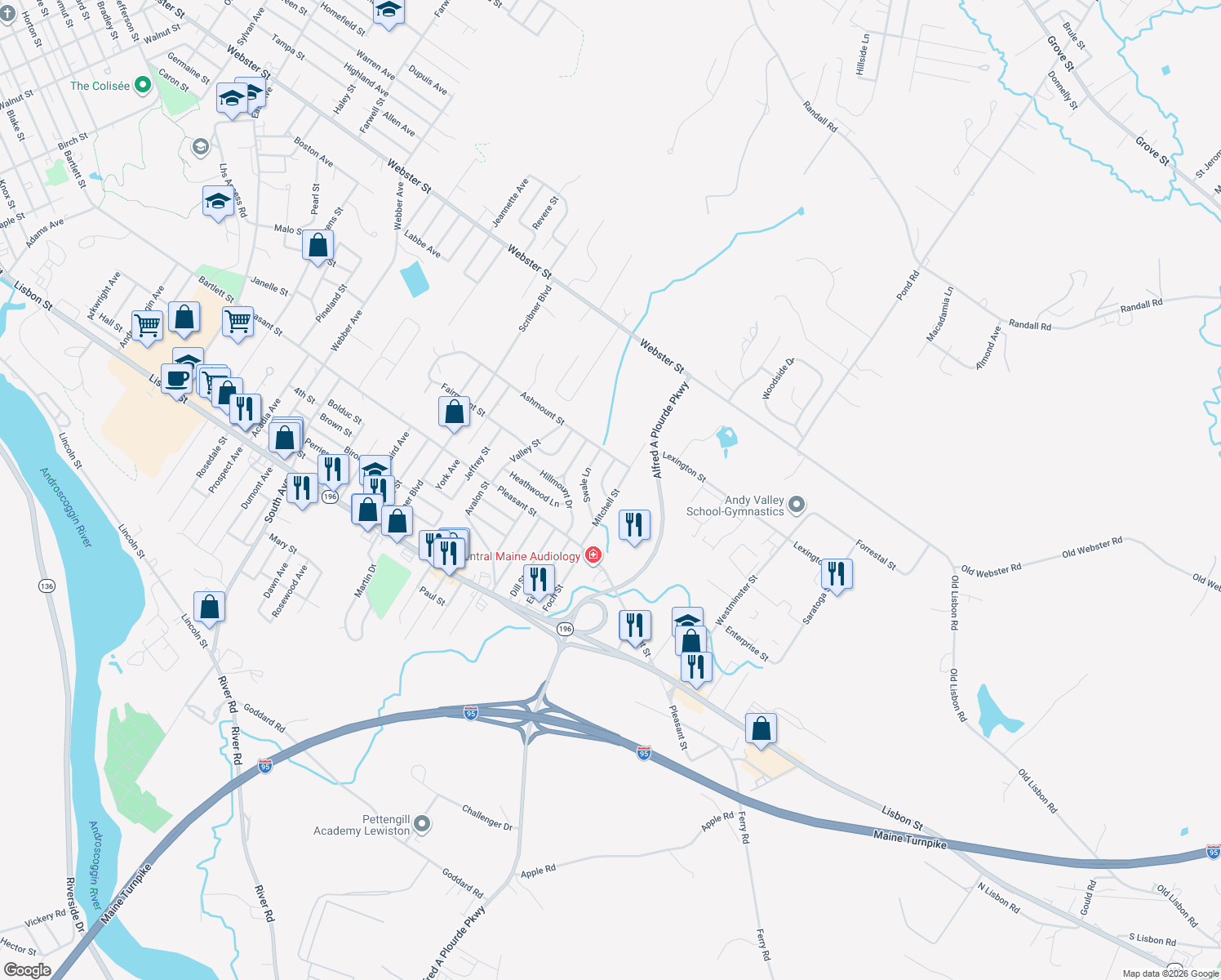 map of restaurants, bars, coffee shops, grocery stores, and more near 16 Mitchell St in Lewiston