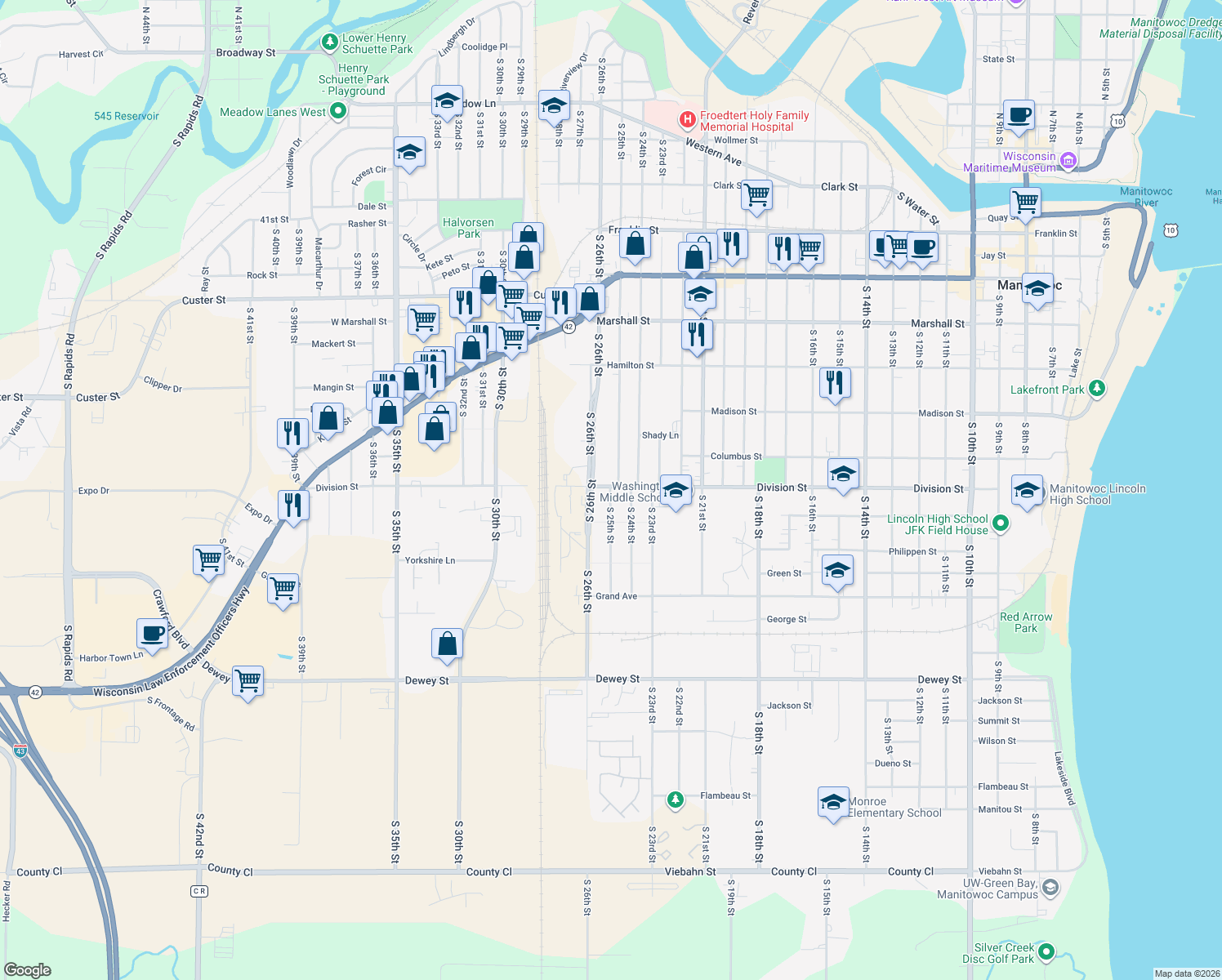 map of restaurants, bars, coffee shops, grocery stores, and more near 1509 South 25th Street in Manitowoc