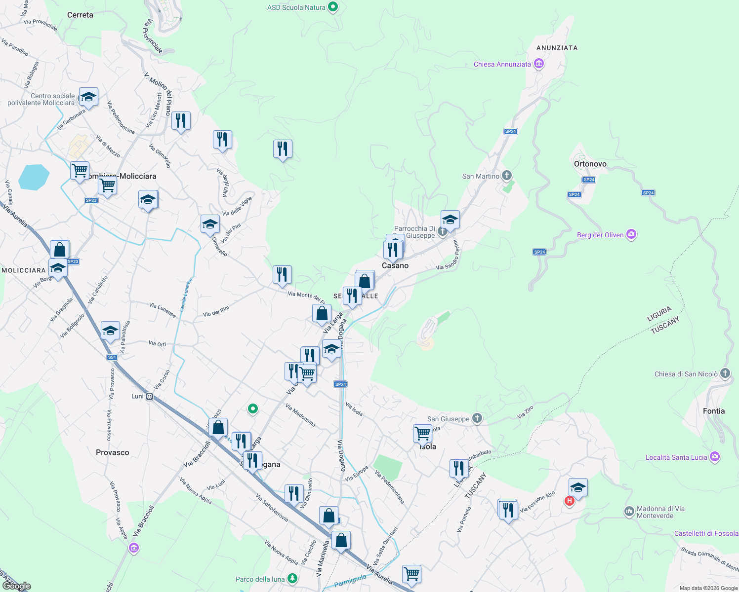 map of restaurants, bars, coffee shops, grocery stores, and more near 2 Via per Nicola in Casano
