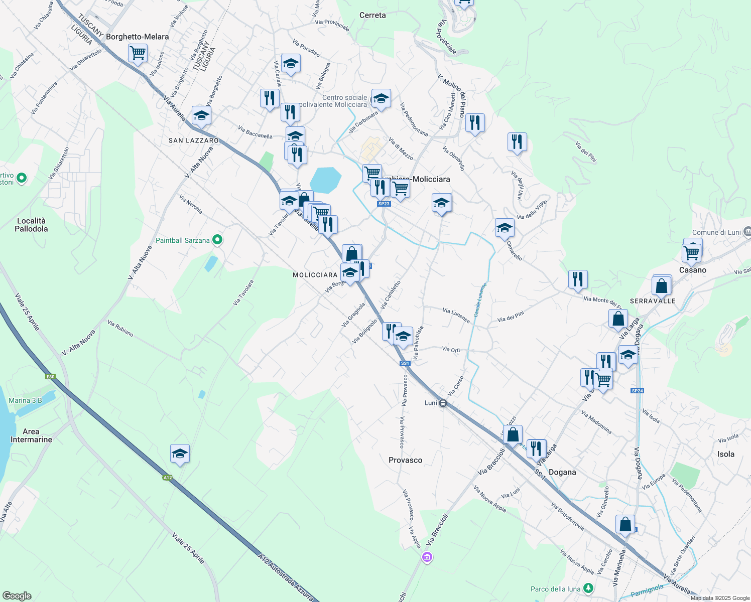 map of restaurants, bars, coffee shops, grocery stores, and more near 162 Via Aurelia in Colombiera-molicciara