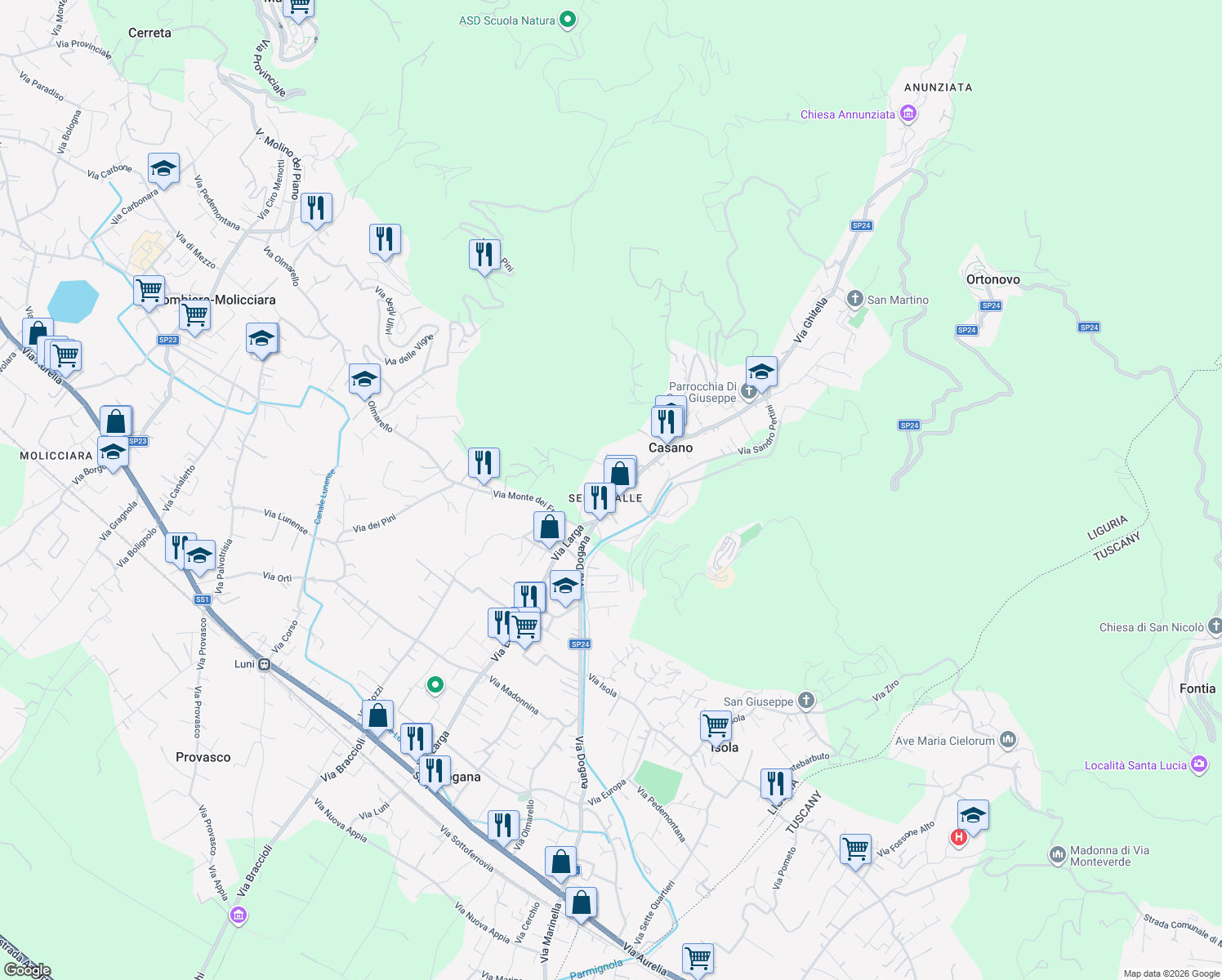 map of restaurants, bars, coffee shops, grocery stores, and more near 4 Vicolo Serravalle in Casano