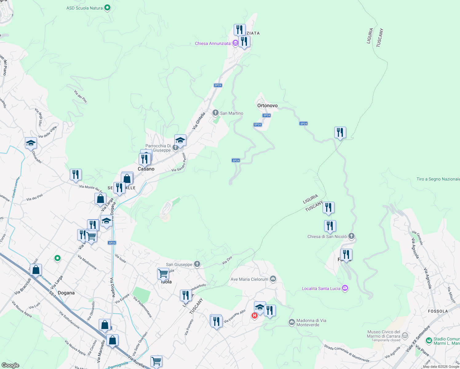 map of restaurants, bars, coffee shops, grocery stores, and more near Strada Provinciale 24 in Provincia della Spezia