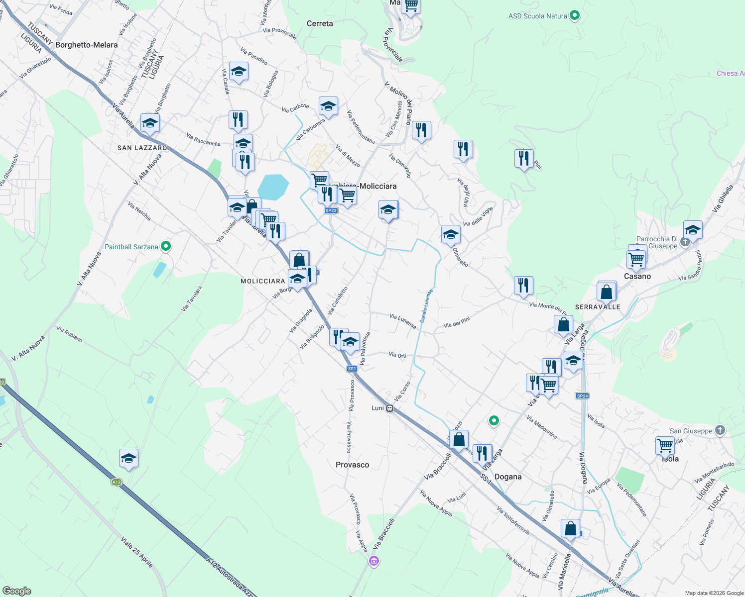 map of restaurants, bars, coffee shops, grocery stores, and more near 61 Via Palvotrisia in Colombiera-molicciara