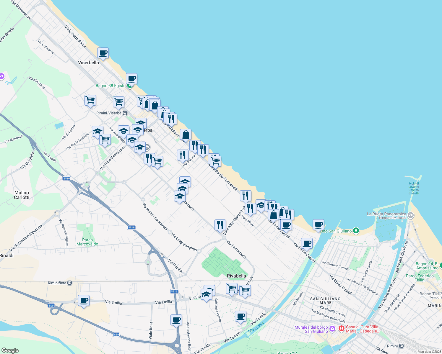 map of restaurants, bars, coffee shops, grocery stores, and more near 2 Viale Monte Grappa in Rimini