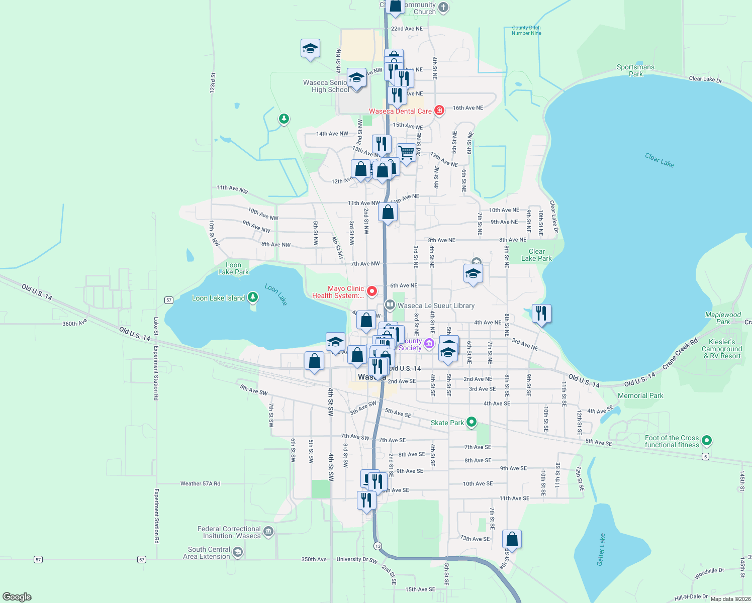 map of restaurants, bars, coffee shops, grocery stores, and more near 501 North State Street in Waseca
