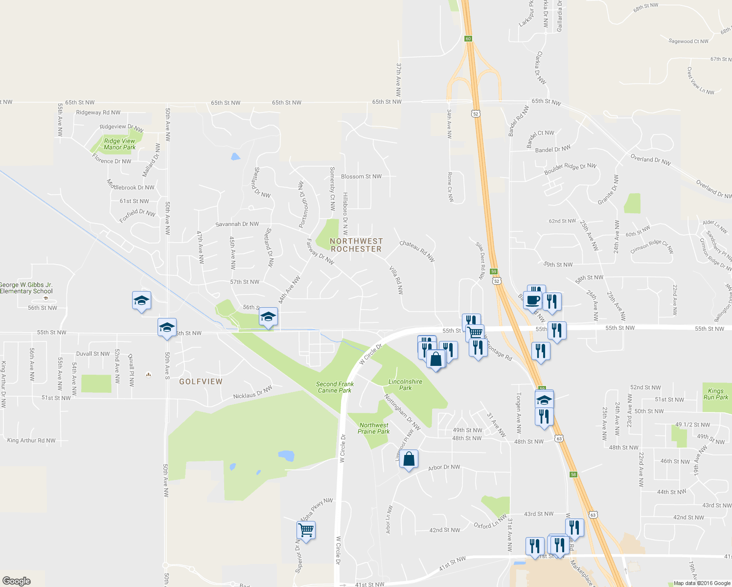 map of restaurants, bars, coffee shops, grocery stores, and more near 3919 Huntington Lane Northwest in Rochester